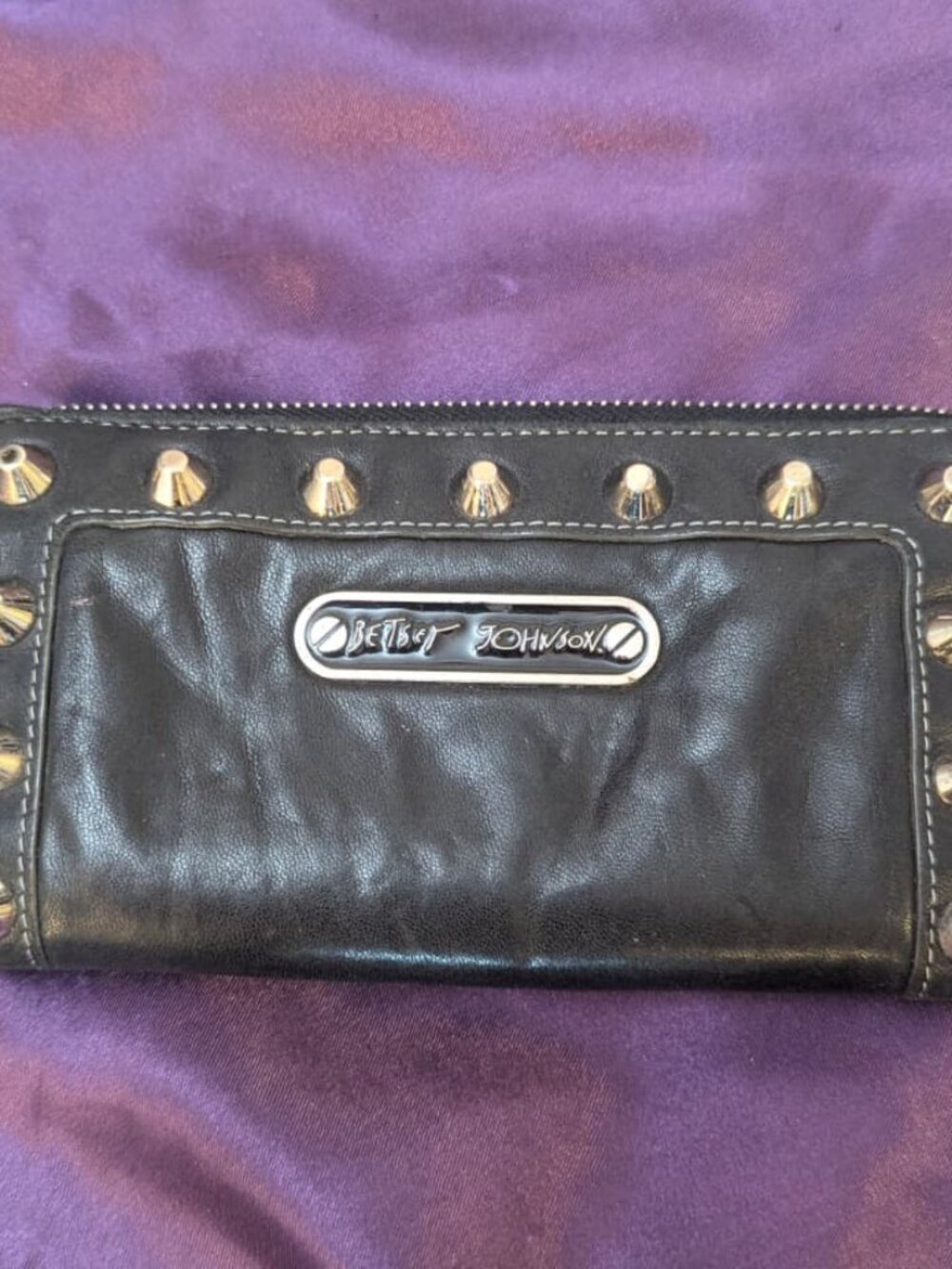 Betsey Johnson Black Leather Wallet Clutch with studs and leopard lining